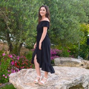 LOFT Off the Shoulder Black Midi Dress